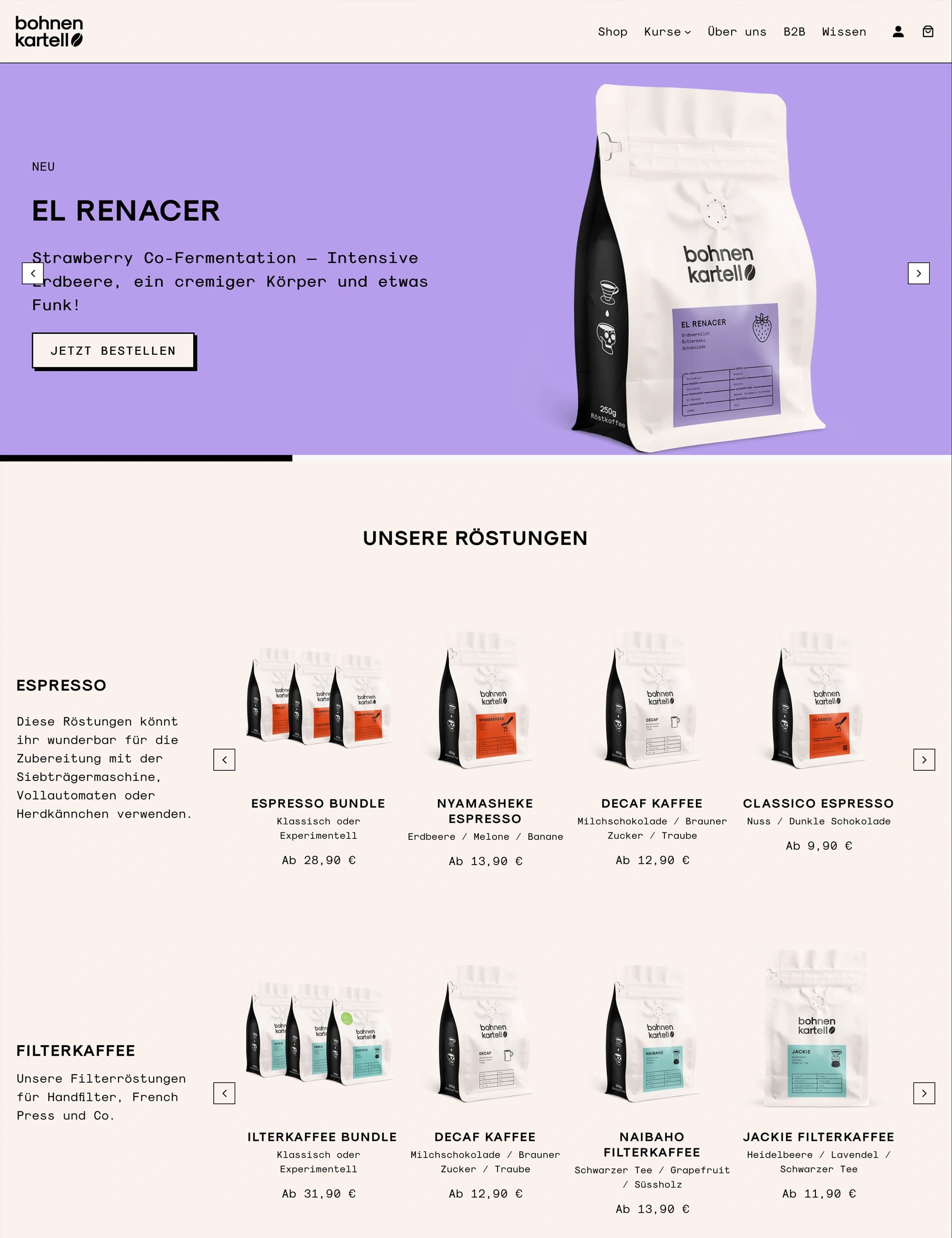 Bildschirmfoto von dem Onlineshop Bohnenkartell