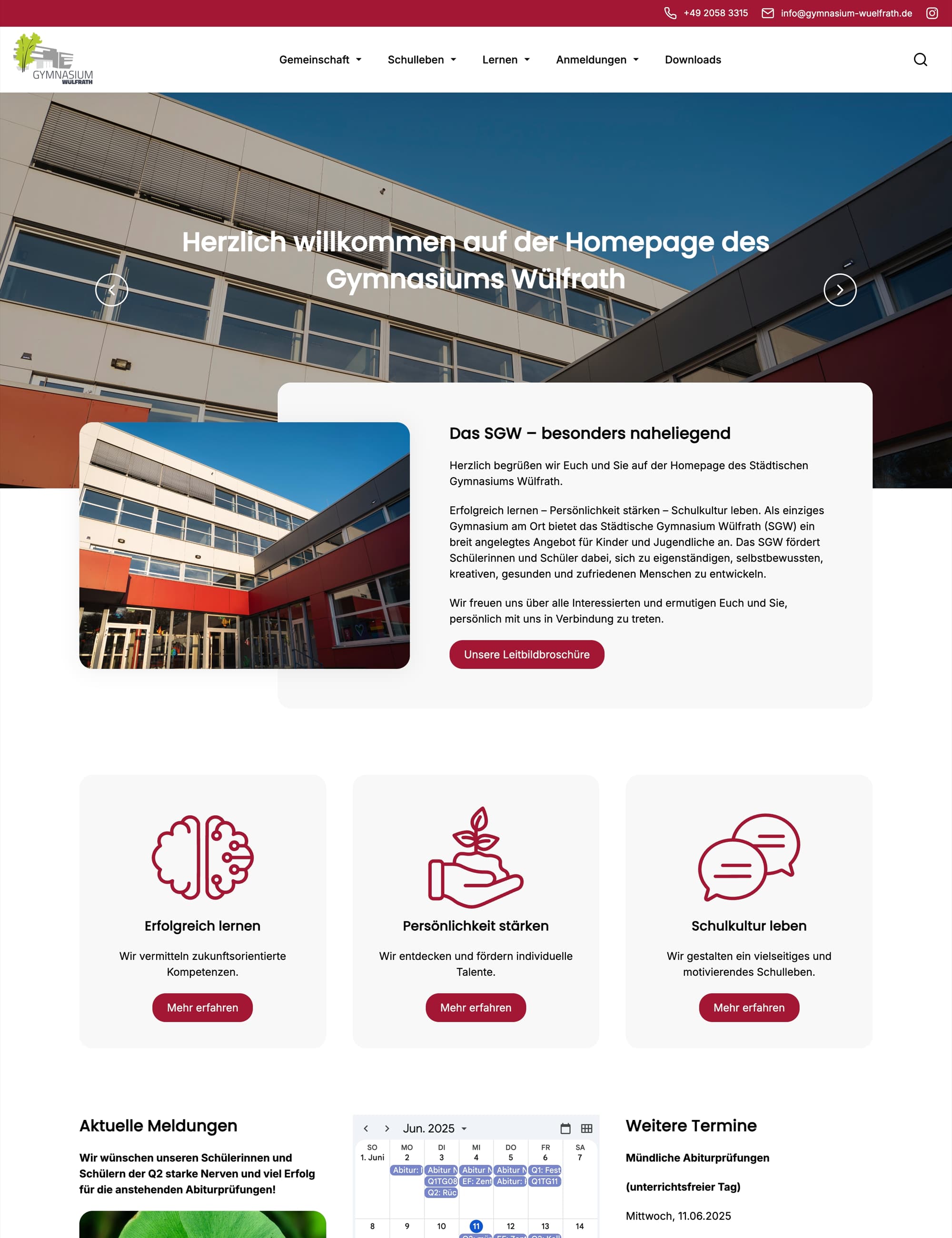 Bildschirmfoto von der Webseite des Gymnasium Wülfrath