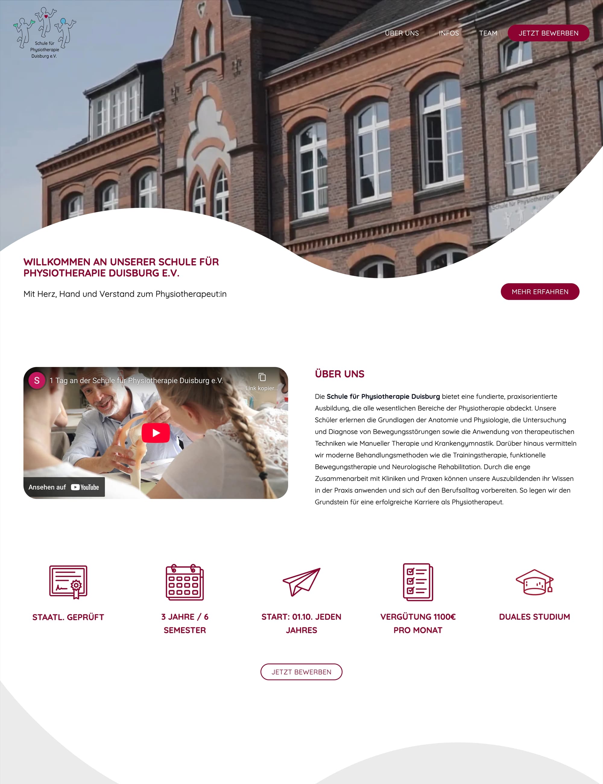 Bildschirmfoto von der Schule für Physiotherapie Duisburg